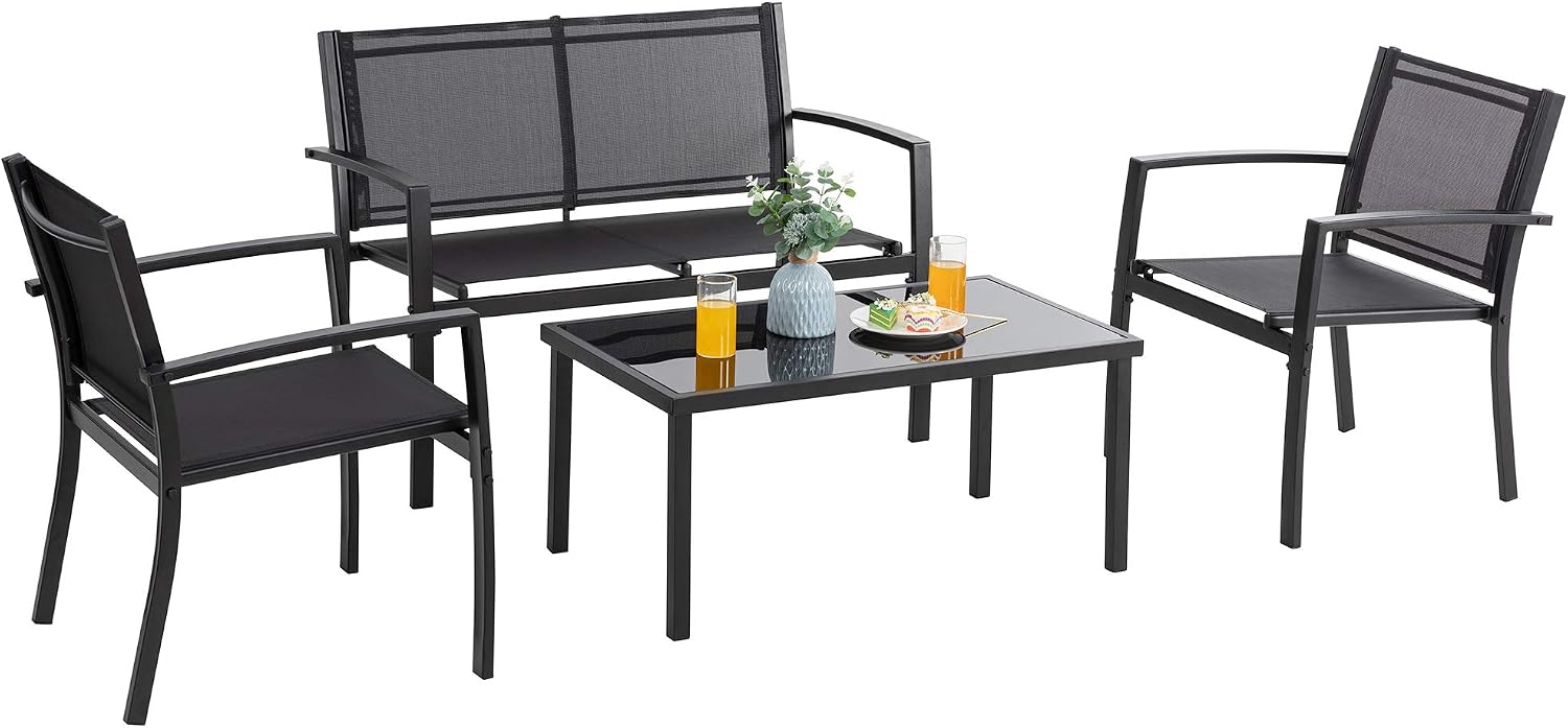 Vongrasig 4 Pieces Patio Furniture Sets,Outdoor Patio Conversation Sets with Glass Coffee Table, Small Porch Balcony Furniture, Patio Table and Chairs Set for Garden, Backyard (Black)