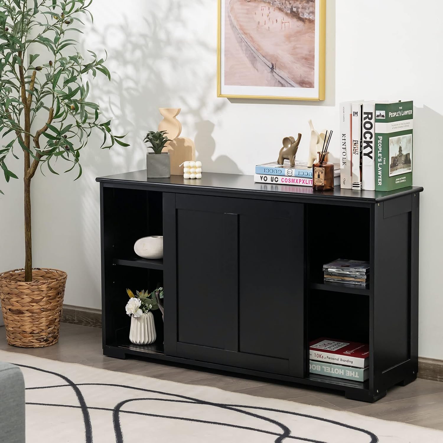 Costzon Sideboard Buffet Cabinet, Wooden Kitchen Storage Cabinet with Adjustable Shelf, Sliding Barn Door, Accent Coffee Bar Cabinet Console Table for Living Room, Dining Room, Hallway (Black)