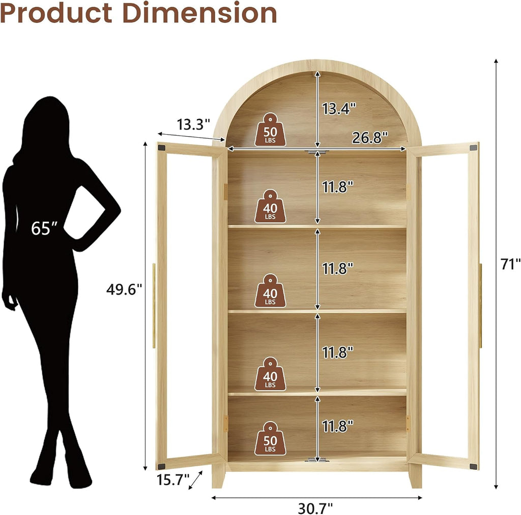 Vlsrka 71' Arched Kitchen Pantry Storage Cabinet with Glass Doors, 5-Tier Display Cabinet for Collectibles, Tall Bookcase with LED Light & Human Sensor, Curio Cabinet with Adjustable Shelf