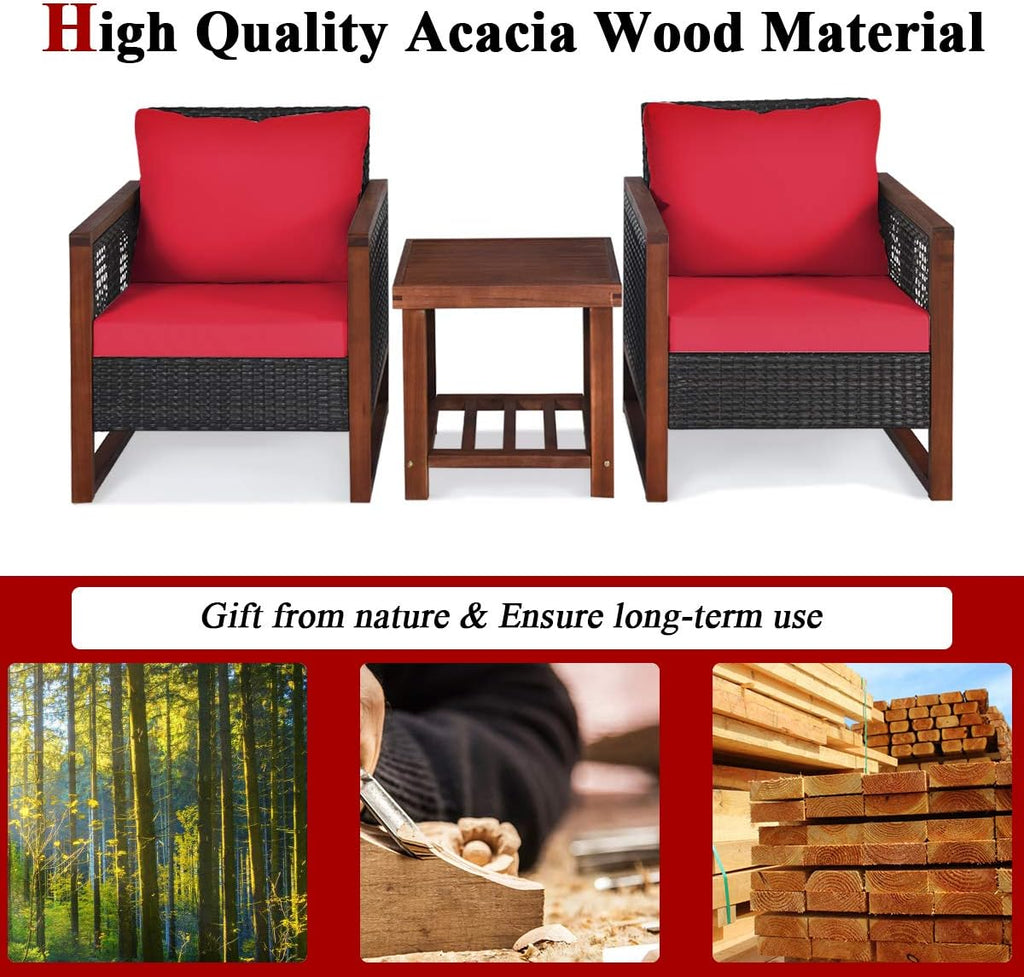 Tangkula 3 Pieces Patio Wicker Furniture Set, Rattan Outdoor Sofa Set w/Washable Cushion & Acacia Wood Coffee Table, Conversation Bistro Set for Garden Balcony Backyard (Red)