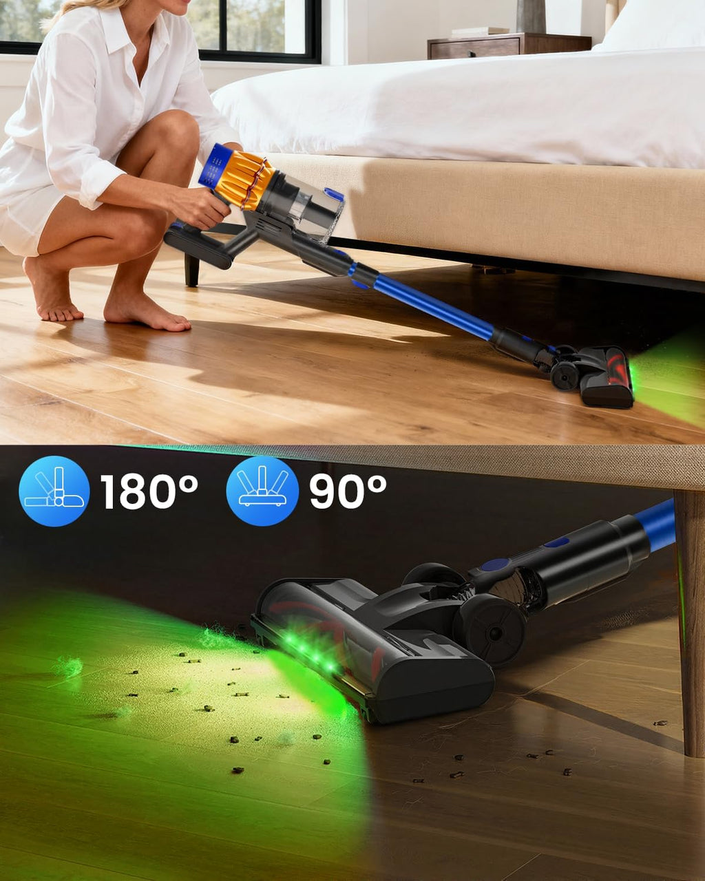 Cordless Vacuum Cleaner, 650W 48KPA 60Min Wireless Vacuum for Home，Stick Vacuum with Green Light Anti-Tangle, Rechargeable Vacuum Cleaners for Pet Hair Carpet Hard Floors (Blue)