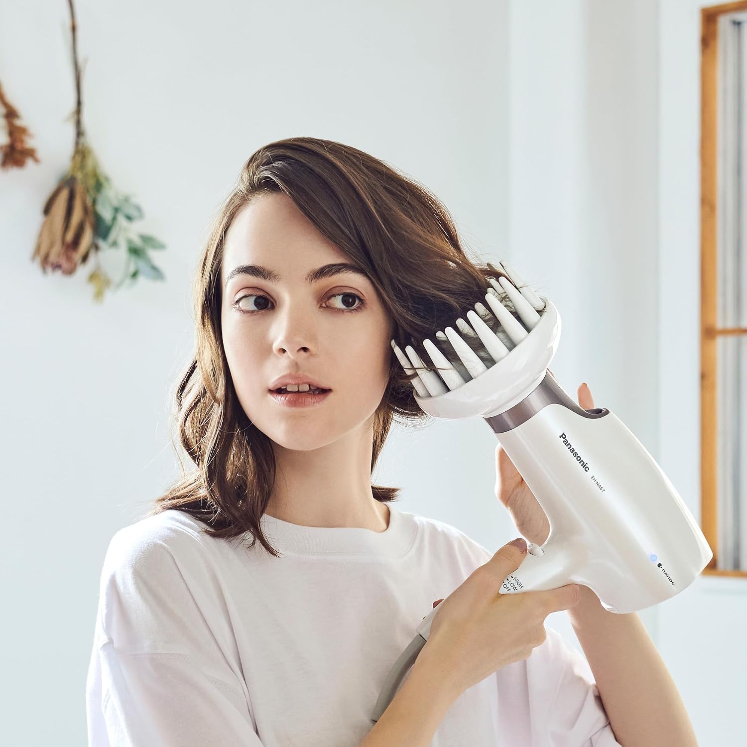 Panasonic Nanoe Salon Hair Dryer with Oscillating QuickDry Nozzle, Blow Dryer with Diffuser and Concentrator Attachments, 3 Speed Heat Settings for Easy Styling and Healthy Hair - EH-NA67-W (White)