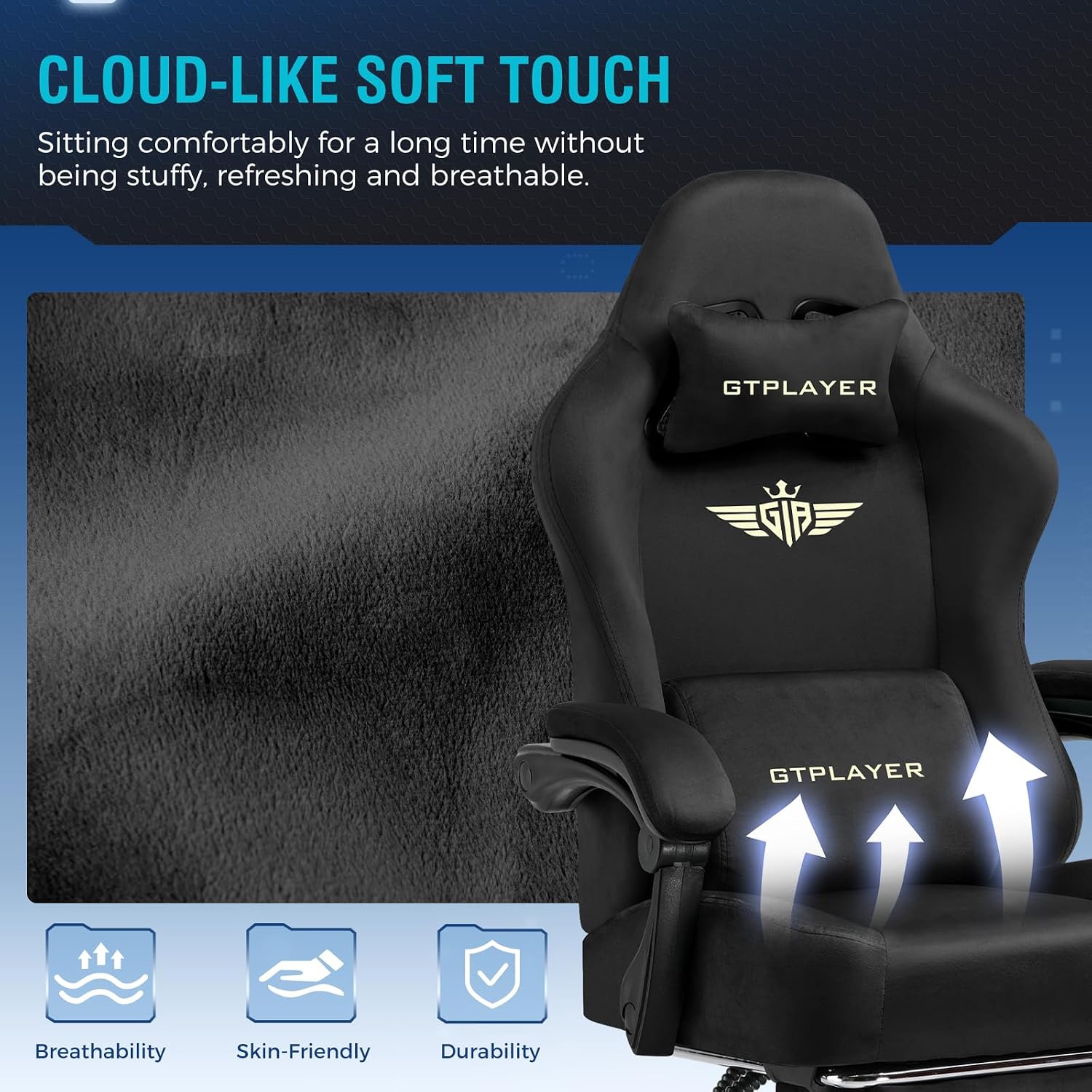 GTPLAYER Big and Tall Gaming Chair Fabric with Pocket Spring Cushion, High Back Ergonomic Computer Chair with Footrest for Adults Lumbar Support Swivel Game Chair for Office Gaming 350LBS, Black