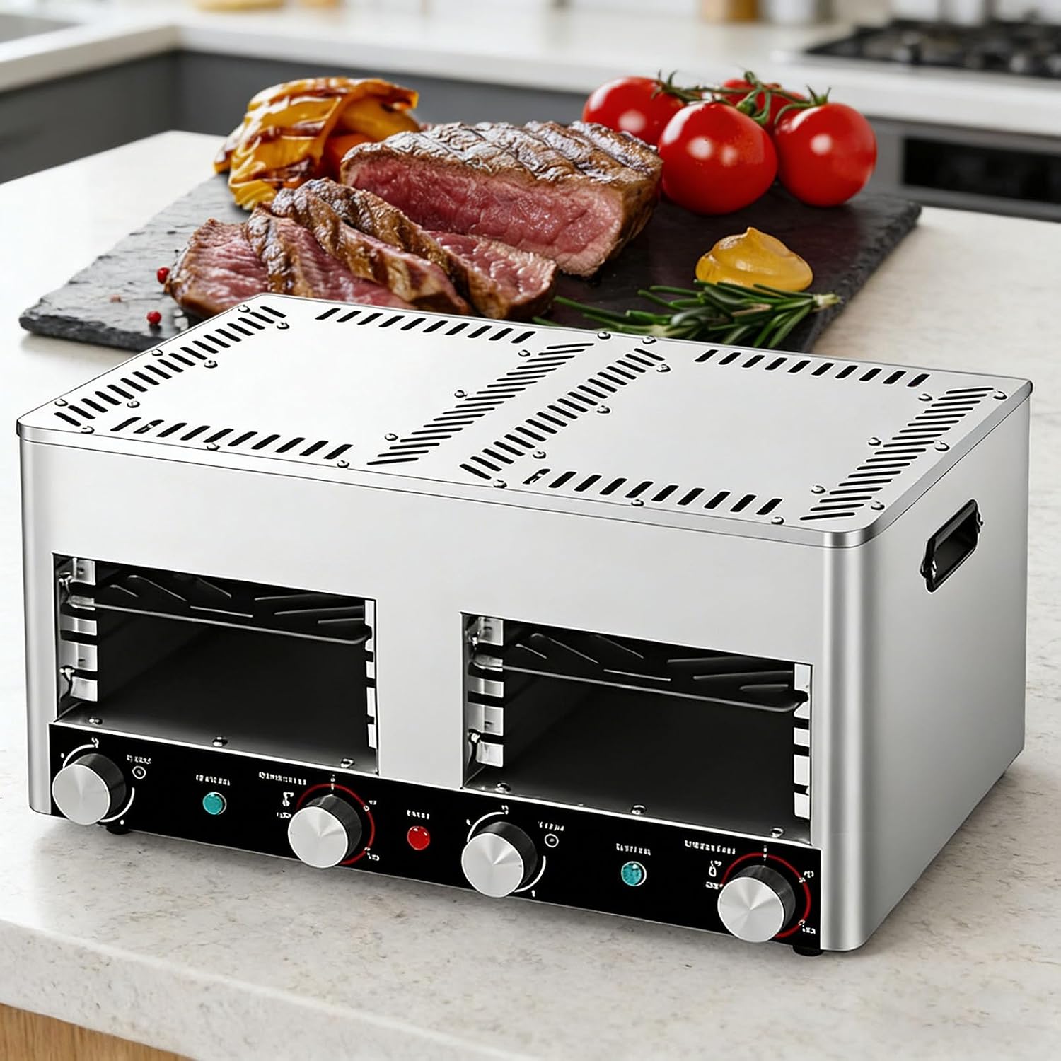 Smokeless Electric Broiler for Indoor Use, 800°C High-Heat Steak Grill with Adjustable 4/8-Tier Rack, Ceramic Heating, Timer & Temp Control, for Steak Chicken Vegetables B