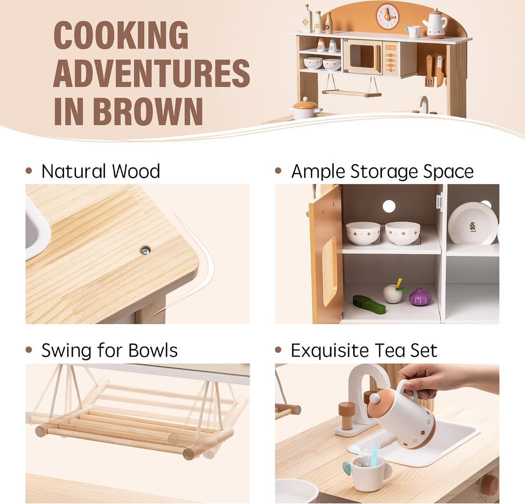 ROBUD Wooden Play Kitchen for Kids Toddlers, Kids Kitchen Playset with Realistic Accessories, Toy Kitchen Set with Plenty of Play Features, Modern Style Toy Kitchen for Girls & Boys, 3+, Caramel
