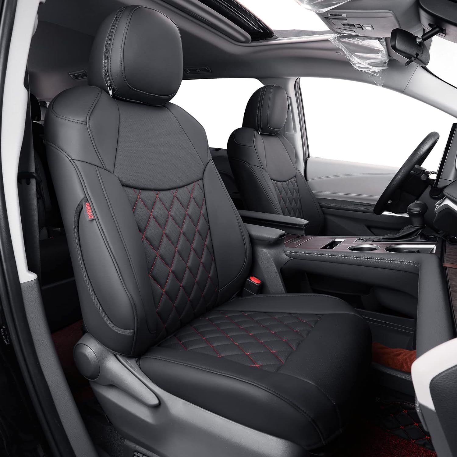 coverdream Sienna Car Seat Covers Custom Fit for 2011-2020 Toyota Sienna XLE,Limited,Limited Premium,2nd Row Captain Seats w/Foot Rest,Full Coverage Leather Seat Protector(Full Set,Black/Red)