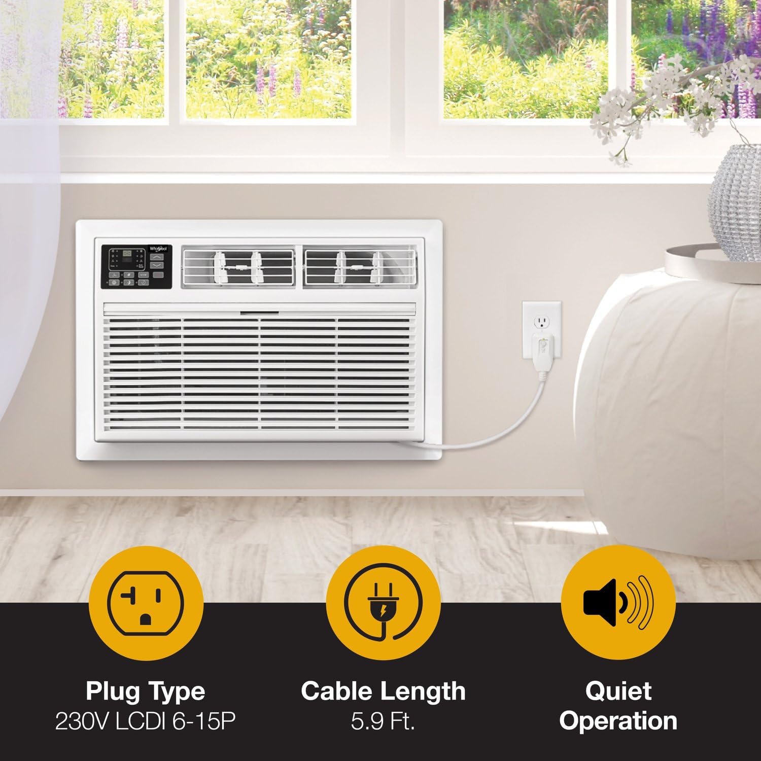 Whirlpool 10,000 BTU Through the Wall Air Conditioner, 230V, Cools up to 450 Sq. Ft for Living Room, Bedroom, Kitchen, Apartment, with Dehumidifier, Remote Control, Digital Display, 24H Timer, White