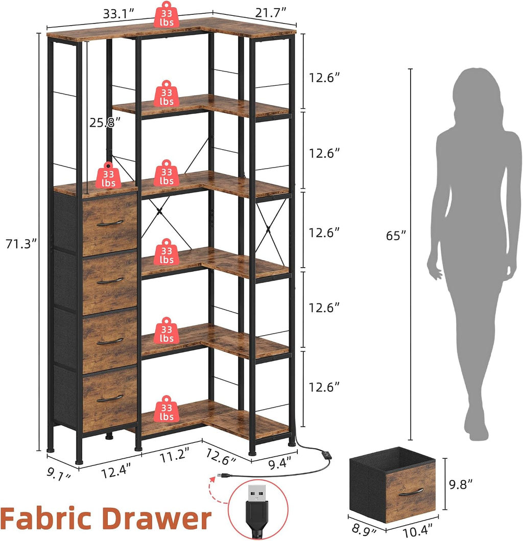 AFLUI Corner Bookshelf with LED Light Strips & 4 Fabric Drawers, 6-Tier Convertible Corner Shelf with Display Shelf, Large Wood Industrial Bookcase for Living Room, Bedroom, Home Office, Rustic Brown