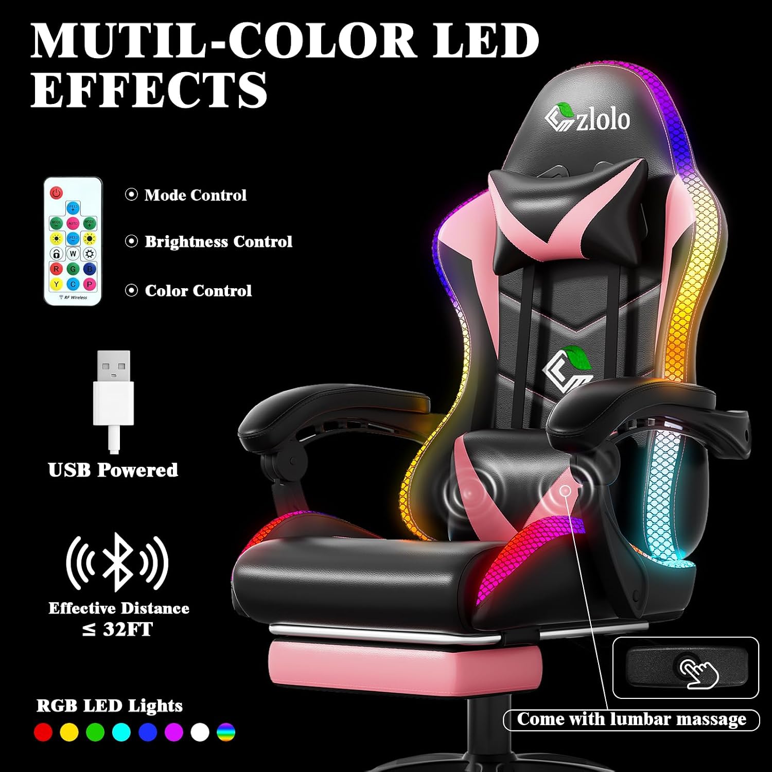 Czlolo Gaming Chair, Racing Style RGB LED Lights Gaming Chairs for Adults and Kids, Lumbar Massager Gamer Chair, High Back Reclining Computer Chair with Footrest and Headrest (Black/Pink)