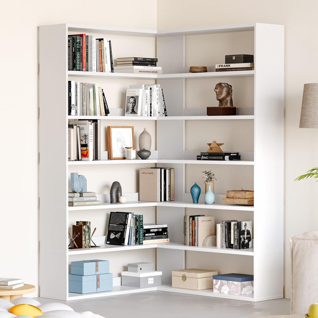 MXV 71.5' Tall L-Shaped Corner Bookshelf, 6-Tier 35.2' Wide Wooden Bookcase with Storage Organizer, Display Shelf for Home, Office, Living Room (35.2')