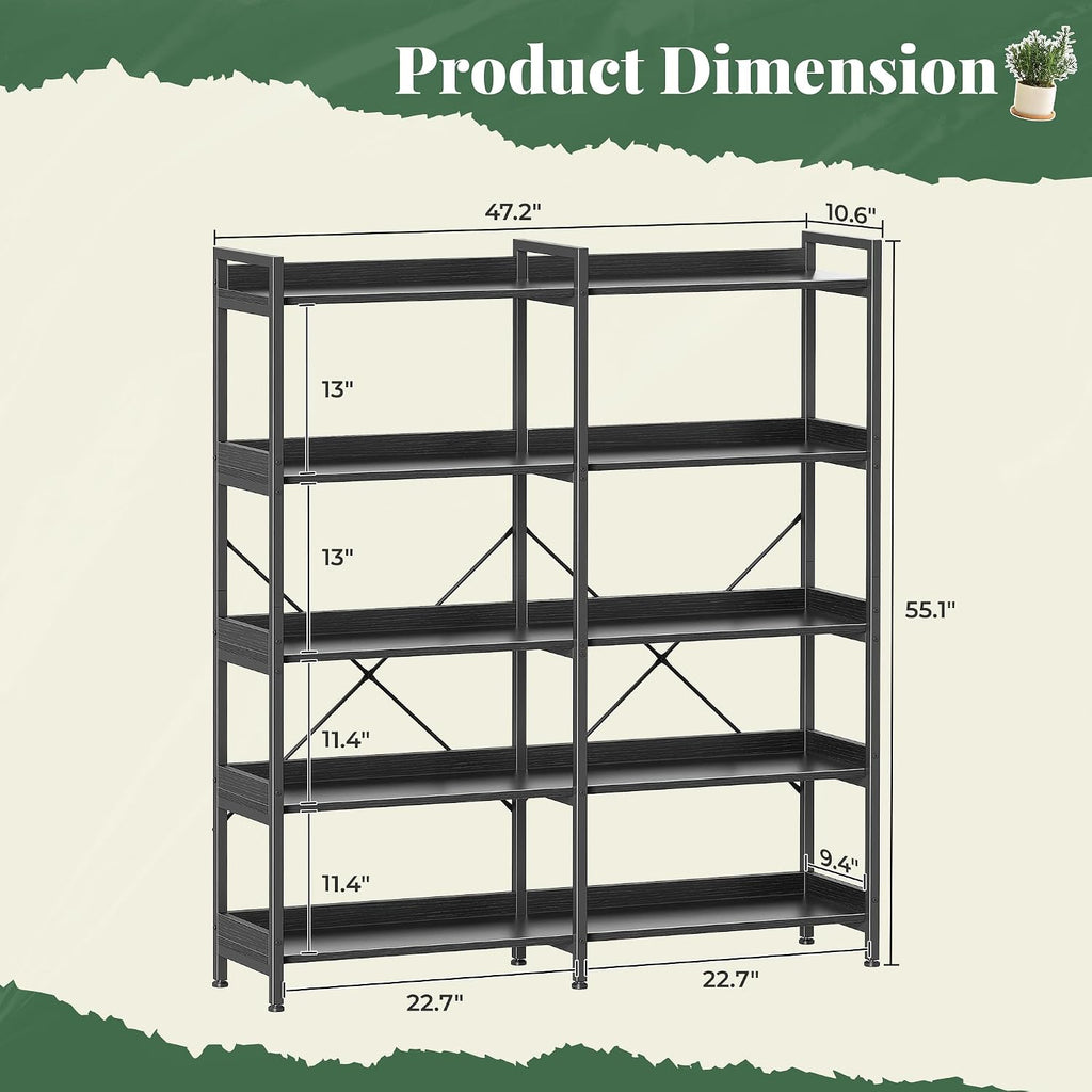 Huuger 5 Tier Bookshelf, Display Bookshelf with 10 Open Shelves and Raised Baffle, 47.2 Inch Straight Wide Bookcase with Metal Frame and Wooden Board, Adjustable Feet, Black