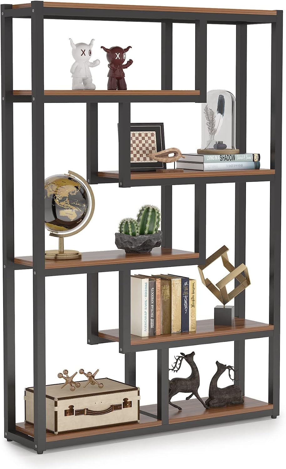 Tribesigns 6-Shelf Industrial Bookshelf Set of 2, Vintage Etagere Bookcase, 69 Inch Tall Storage Display Staggered Shelves with Sturdy Metal Frame for Home Office, Dark Walnut