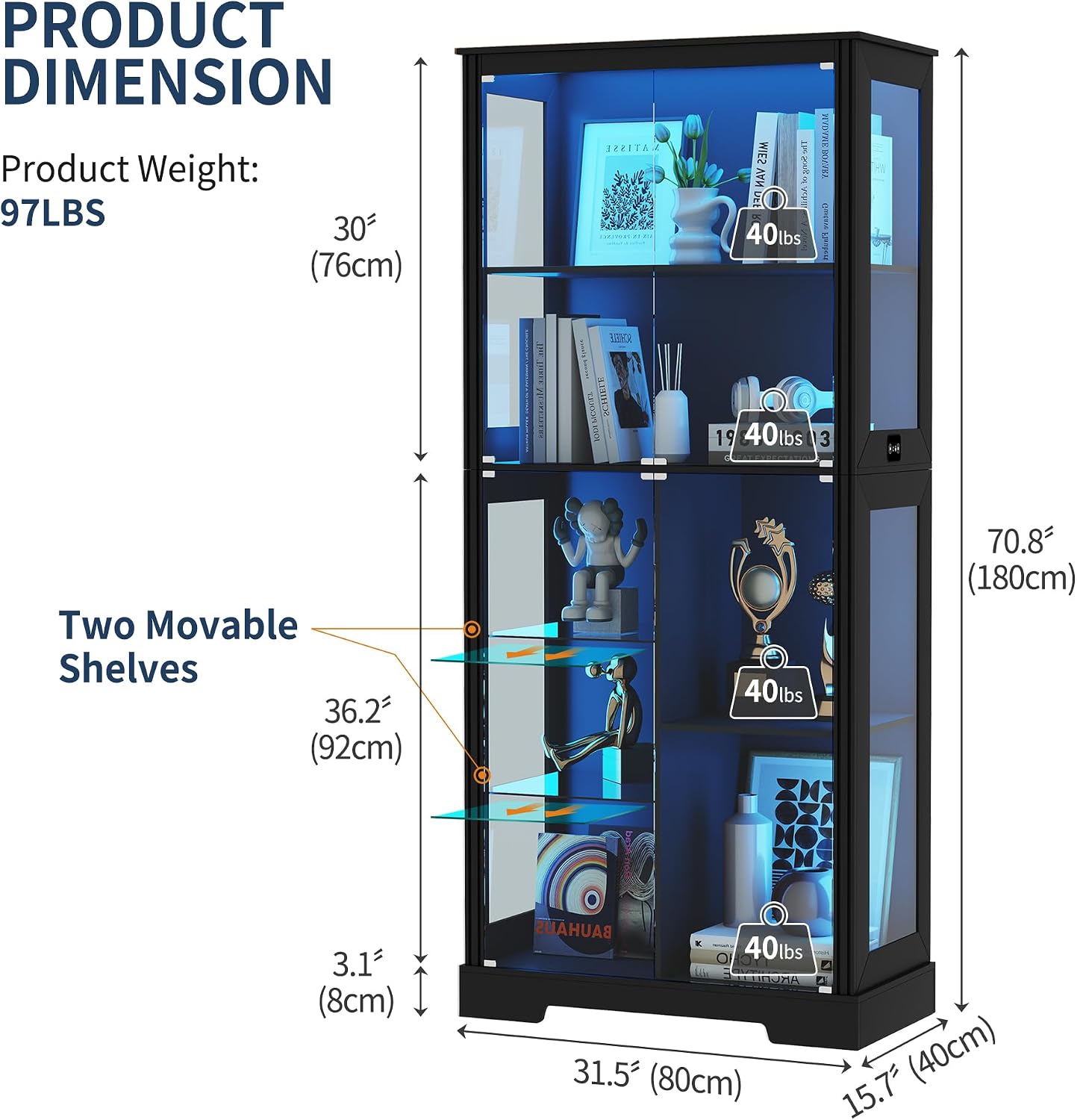 HNEBC 71'' Display Cabinet with 5-Tier and 3 Color Lights for Books Toys Liquor,Curio Cabinet with Human Body Bookcases for Bedroom, Living Room,Black