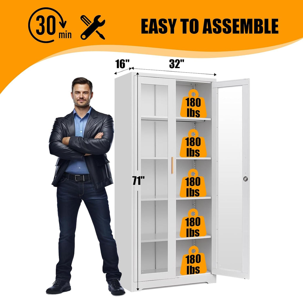 71' Glass Display Cabinet, Metal Storage Cabinet with Glass Doors, Curio Display Case with 4 Adjustable Shelves, White Locking Cabinets for Living Room, Kitchen, Hallway - Assembly Required