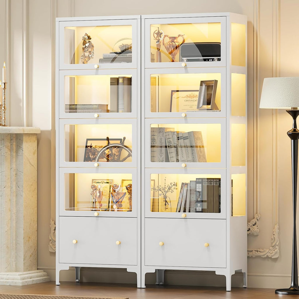 Display Cabinet with Glass Doors, 67' Metal Curio Cabinet with Drawer & 13-Color RGB LED Lights, 5-Tier Glass Display Case for Collectibles, Figure, Toys, Books, White