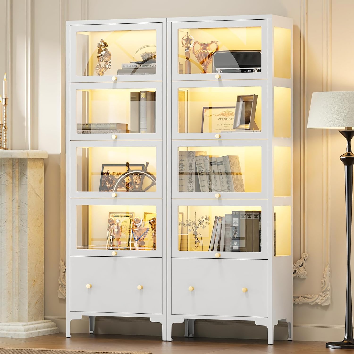 Display Cabinet with Glass Doors, 67' Metal Curio Cabinet with Drawer & 13-Color RGB LED Lights, 5-Tier Glass Display Case for Collectibles, Figure, Toys, Books, White