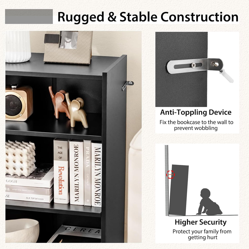 Tangkula 3 Tier Bookcase, Floor Standing Open Bookshelf with 18-Position Adjustable Shelves, Anti-toppling Device, Modern Multipurpose Display Storage Organizer for Living Room Study (2, Black)