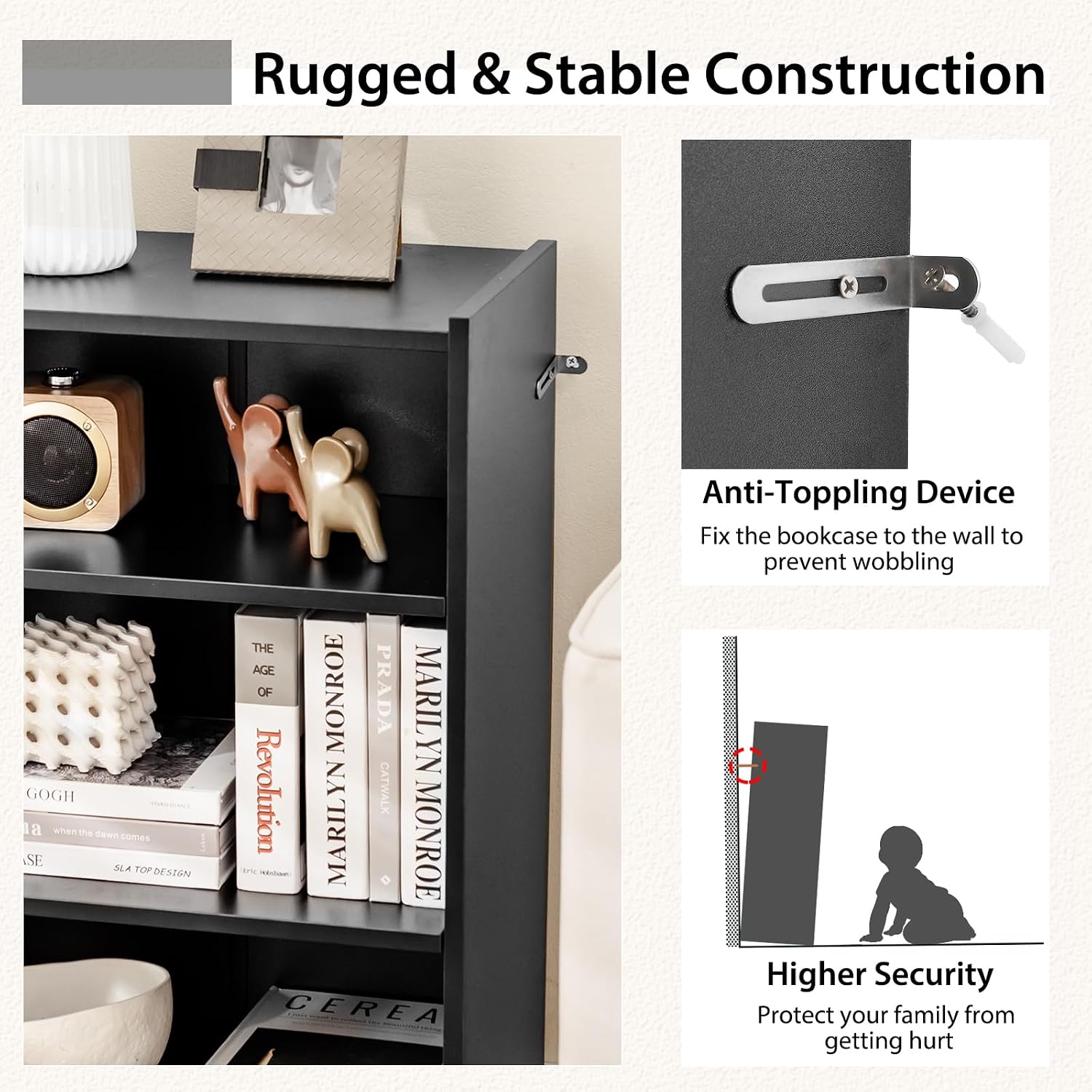 Tangkula 3 Tier Bookcase, Floor Standing Open Bookshelf with 18-Position Adjustable Shelves, Anti-toppling Device, Modern Multipurpose Display Storage Organizer for Living Room Study (2, Black)