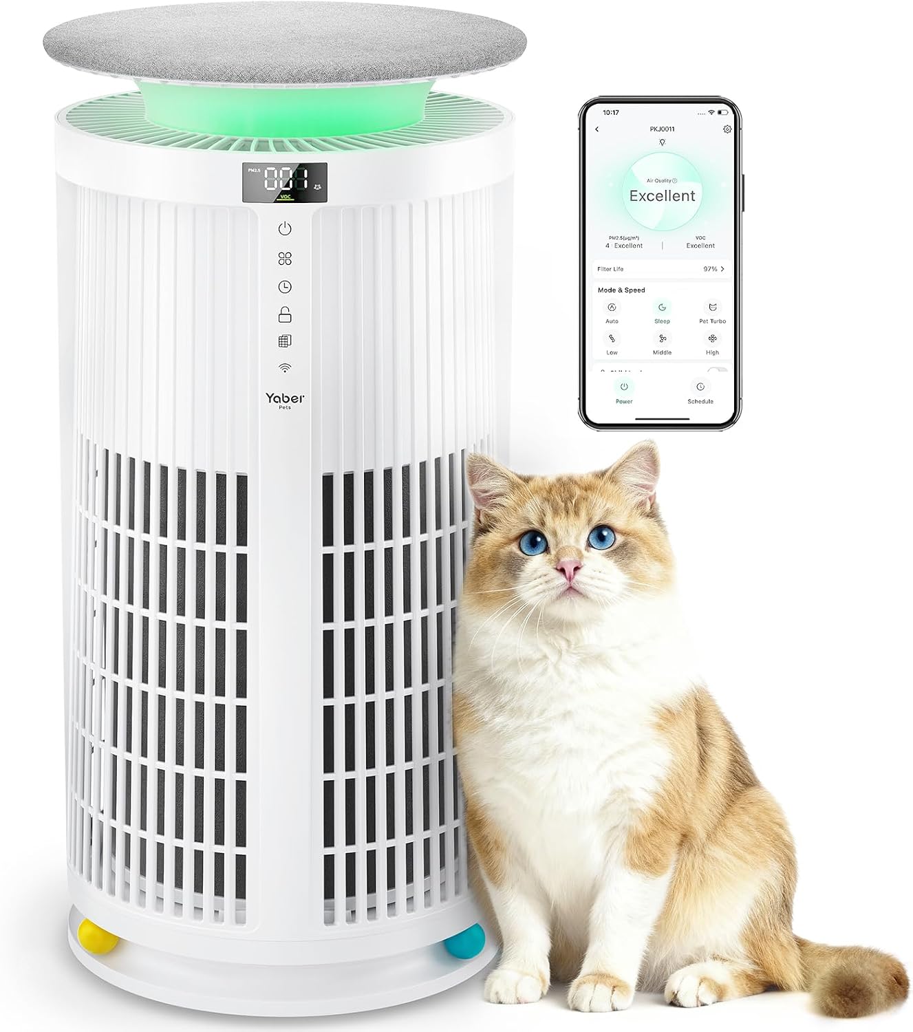 Air Purifiers for Home Large Room, Yaber Pets H13 HEPA Air Purifier for Home Pets, Auto Mode PM2.5 VOC Monitor with Lights, APP Control Air Cleaner, 360° Air Intake, Pet Lock, 22dB Quiet