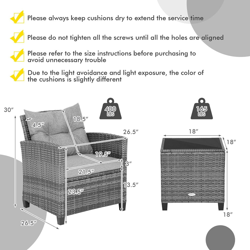 Tangkula 3 Pieces Patio Furniture Set, Outdoor PE Rattan Conversation Chair Set with Tempered Glass Side Table and Removable Cushions, PE Wicker Chairs and Table Set for Porch, Balcony and Garden
