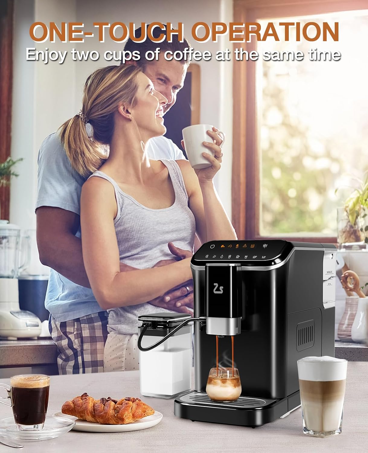 GarveeTech Fully Automatic Espresso Machine, Espresso & Coffee Machine with Automatic Milk Frother, Built-In & Adjustable Espresso Bean Grinder, Touch Screen Coffee Machine with 1.5 L Water Tank