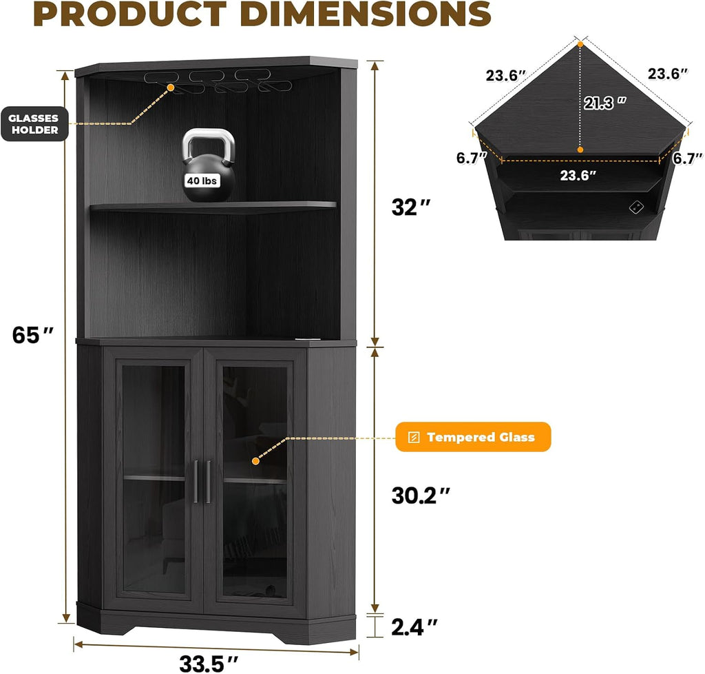 Corner Bar Cabinet with LED Lights, 65' Tall Wine Cabinet with Glass Holder & Tempered Glass Door, 4-Tier Liquor Alcohol Cabinet & Coffee Bar with Human Body Sensor for Dining Room, Black