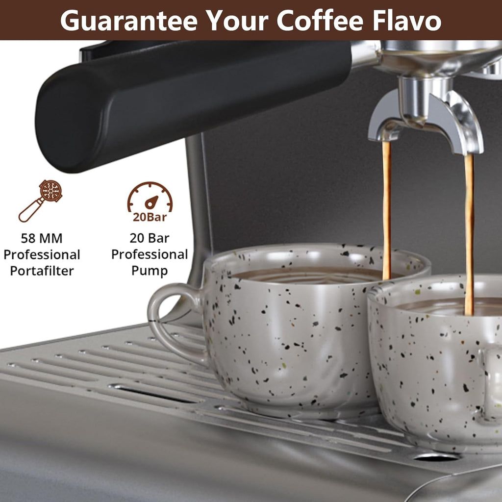 Acekool 20 Bar Espresso Machines with Grinder, Professional Espresso Maker with Removable Water Tank, Milk Frother Steam Wand for Latte&Cappuccino (Silver)