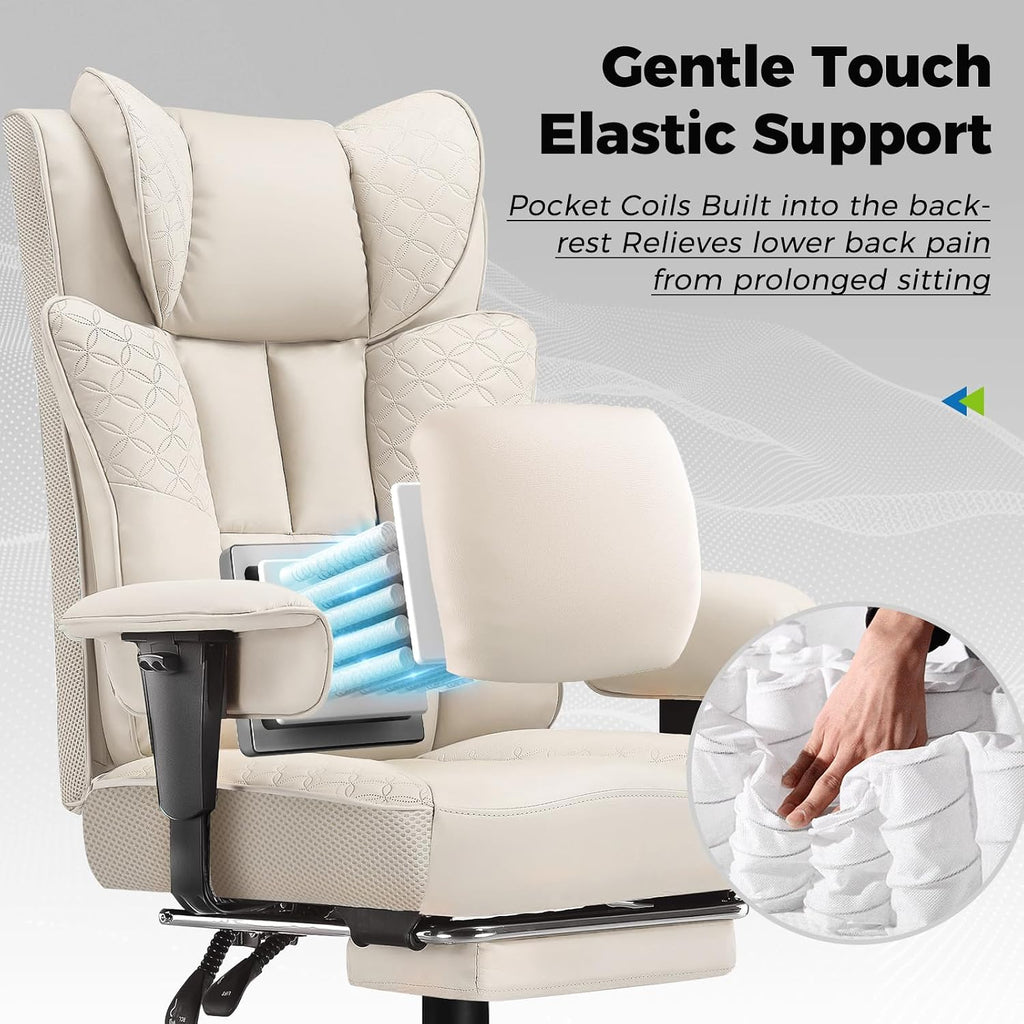 GTPLAYER Big and Tall Office Chair, Wide Ergonomic Gaming Chair with Deluxe Embossing Designed Leather with Foot Rest,150°Reclining Adjustable Soft Armrests Pocket Spring Back Support and Pillow