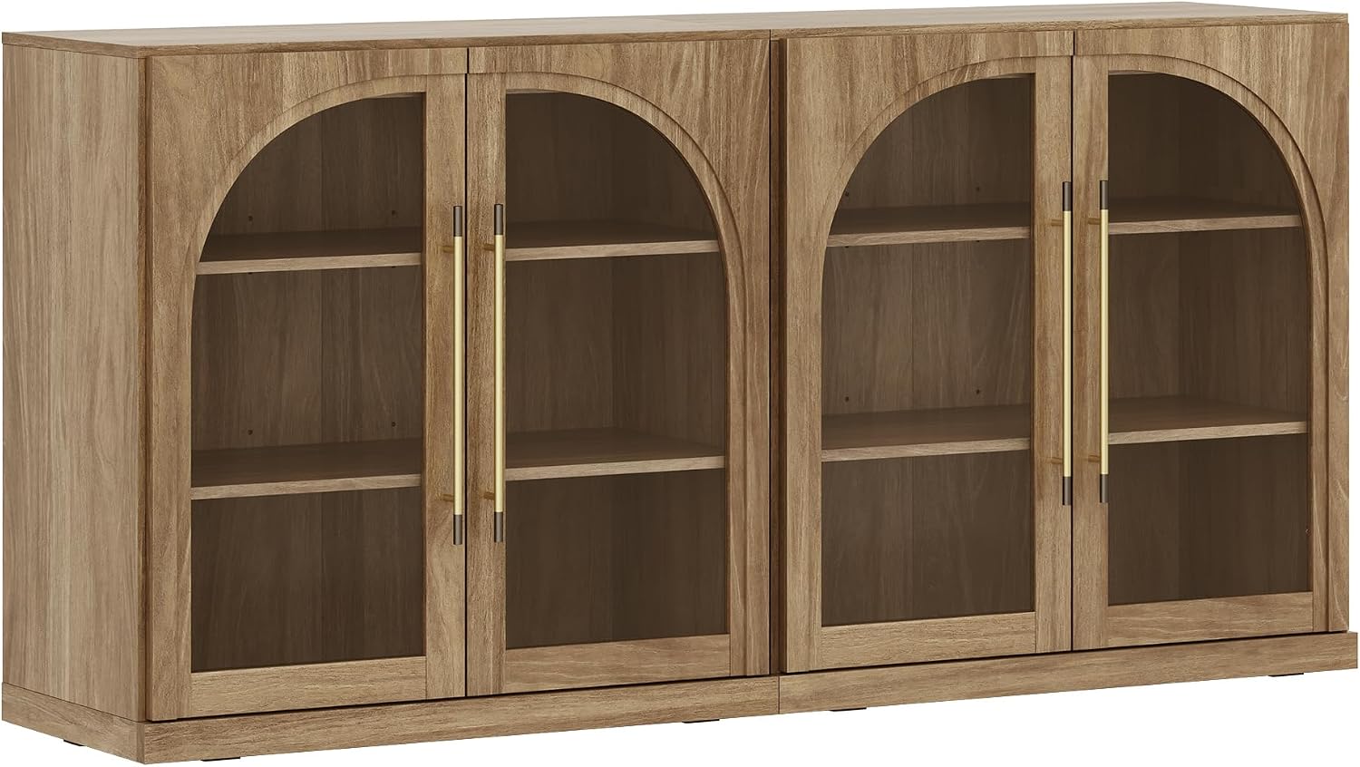 BELLEZE Set of 2 Modular Sideboard with Arched Glass Door, 65'' Accent Display Buffet Cabinet with Storage and Adjustable Shelves,Classic Modern Credenza for Dining Room Living Room Entryway (Camel)