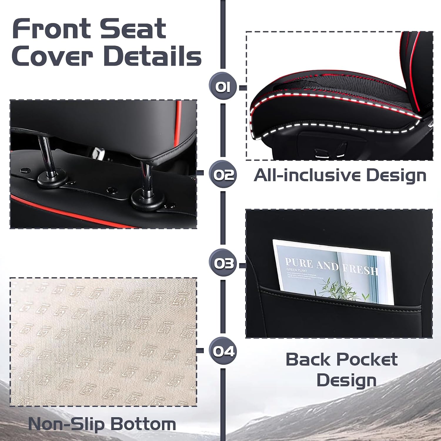 Car Seat Covers for Dodge Dart 2013-2016, Waterproof Nappa Leather Front Seat Cover with Headrests, Anti-Slip and Comfortable Automotive Seat Protector&Accessories(Black Red)