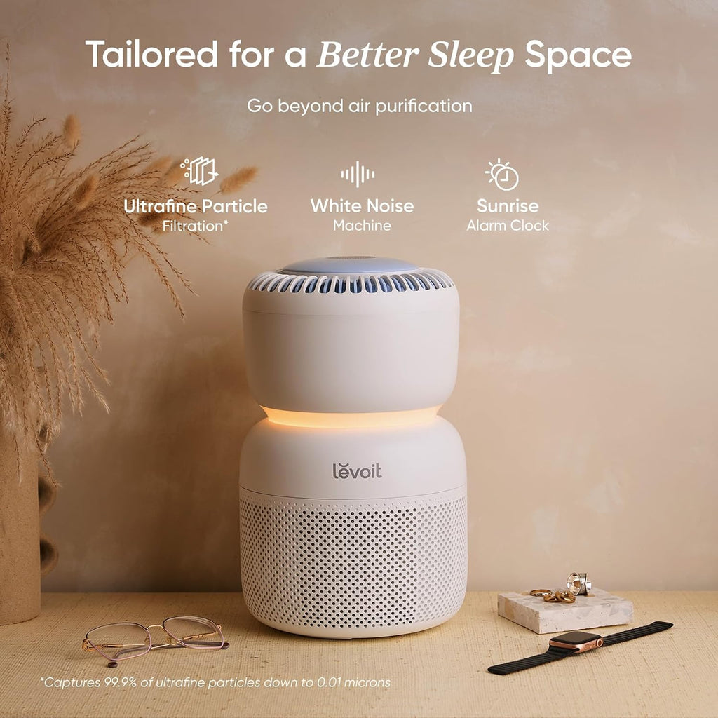 LEVOIT Air Purifier for Home Bedroom with HEPA Filter, White Noise Sound Machine and Blue Light-Safe Night Light Support Better Sleep, AHAM VERIFIDE, 5 Air Quality Monitor, Smart WiFi, Sprout