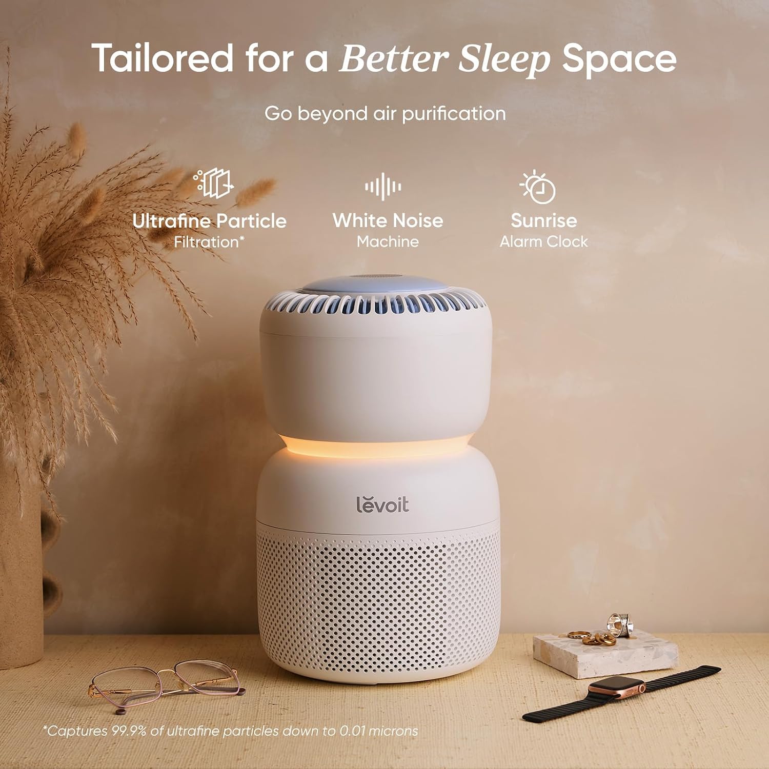 LEVOIT Air Purifier for Home Bedroom with HEPA Filter, White Noise Sound Machine and Blue Light-Safe Night Light Support Better Sleep, AHAM VERIFIDE, 5 Air Quality Monitor, Smart WiFi, Sprout