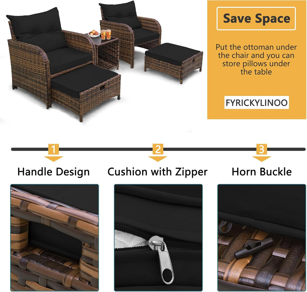 5 Pieces Wicker Outdoor Patio Chairs Set with Ottoman Patio Conversation Furniture Set with Ottoman Underneath All Weather Brown PE Rattan Balcony Furniture Set & End Table, Black Cushion