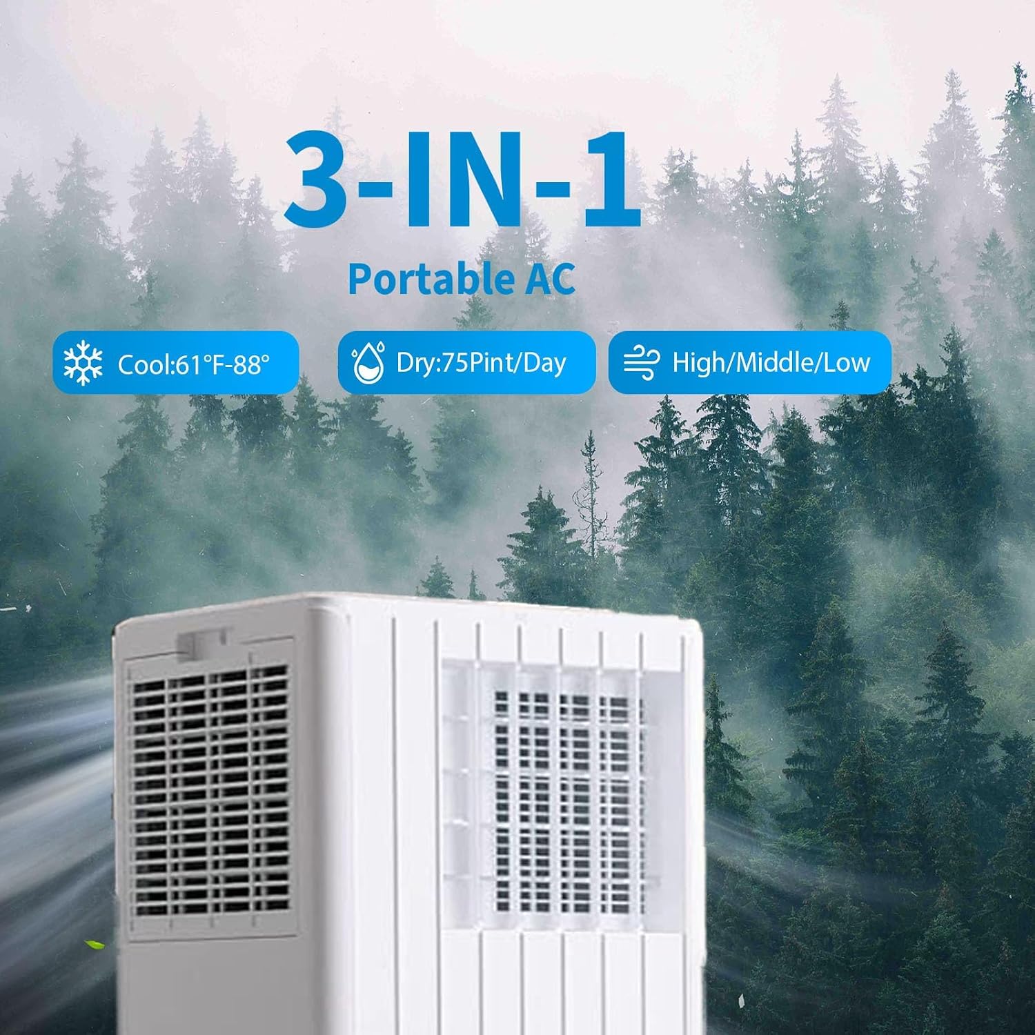 3 in-1 Portable Air Conditioner - 8,000 BTUs, Smart Remote Control, LED Display, Dehumidifier & Fan Modes, Ideal for Rooms up to 350 sq.ft