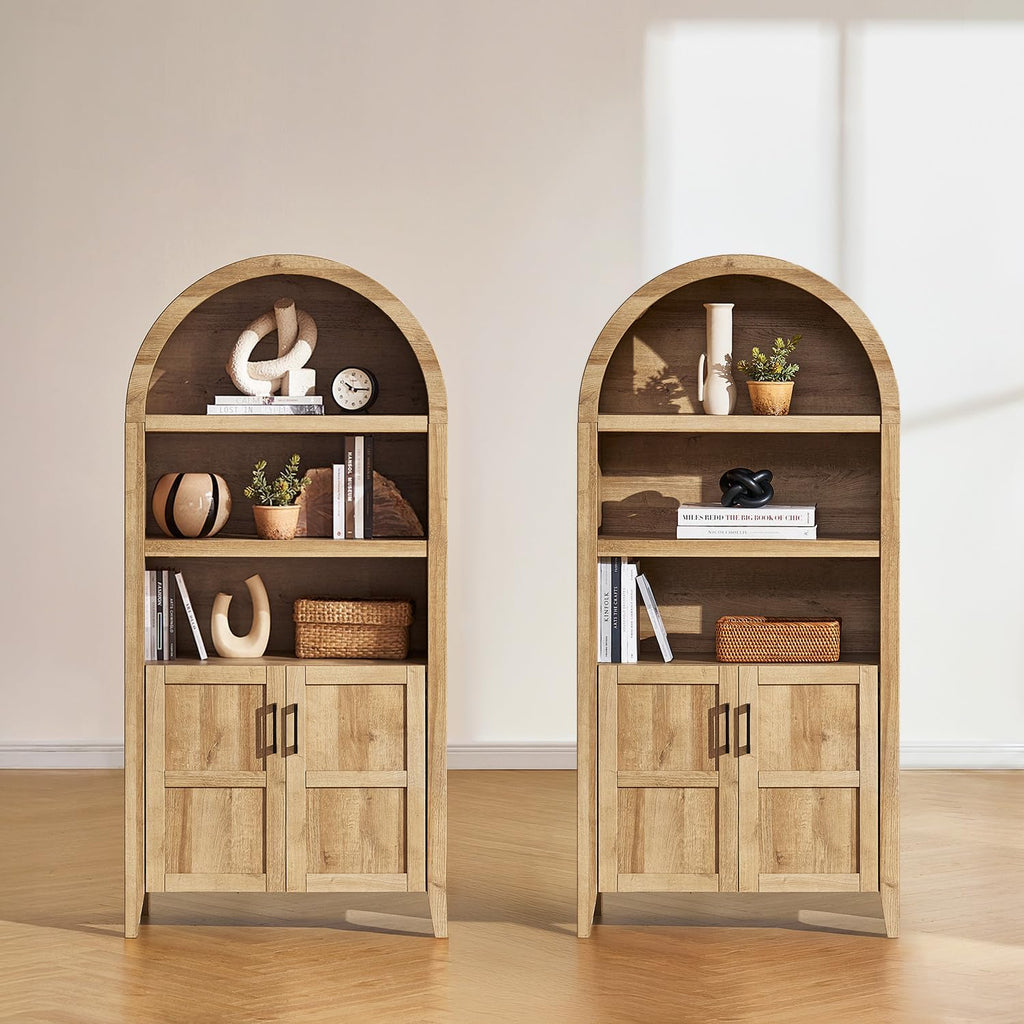 mopio Lauren 65.4' Short Arched Cabinet, 5-Tier Arched Bookcase with Doors and Shelves, Mini Arch Bookshelf with Storage, Wooden Storage Cabinet for Living Room and Kitchen Pantry (Set of 2, Oak)