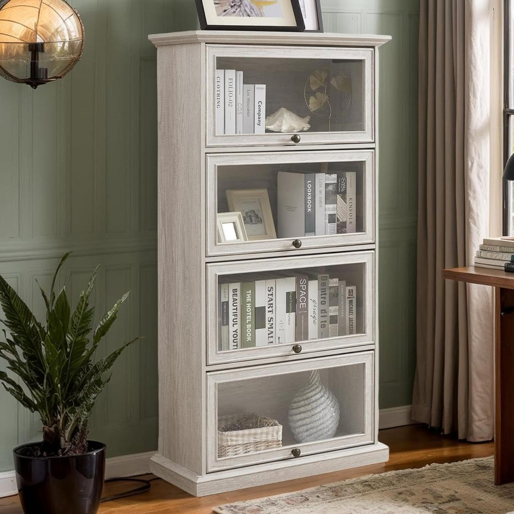 Tall Bookcase with Glass Doors, 63' H Farmhouse Glass Curio Display Cabinet with Flip up Doors, Elegant Storage Cabinet with 4-Tier Shelves, Rack for Living Room (White)