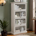 Tall Bookcase with Glass Doors, 63' H Farmhouse Glass Curio Display Cabinet with Flip up Doors, Elegant Storage Cabinet with 4-Tier Shelves, Rack for Living Room (White)