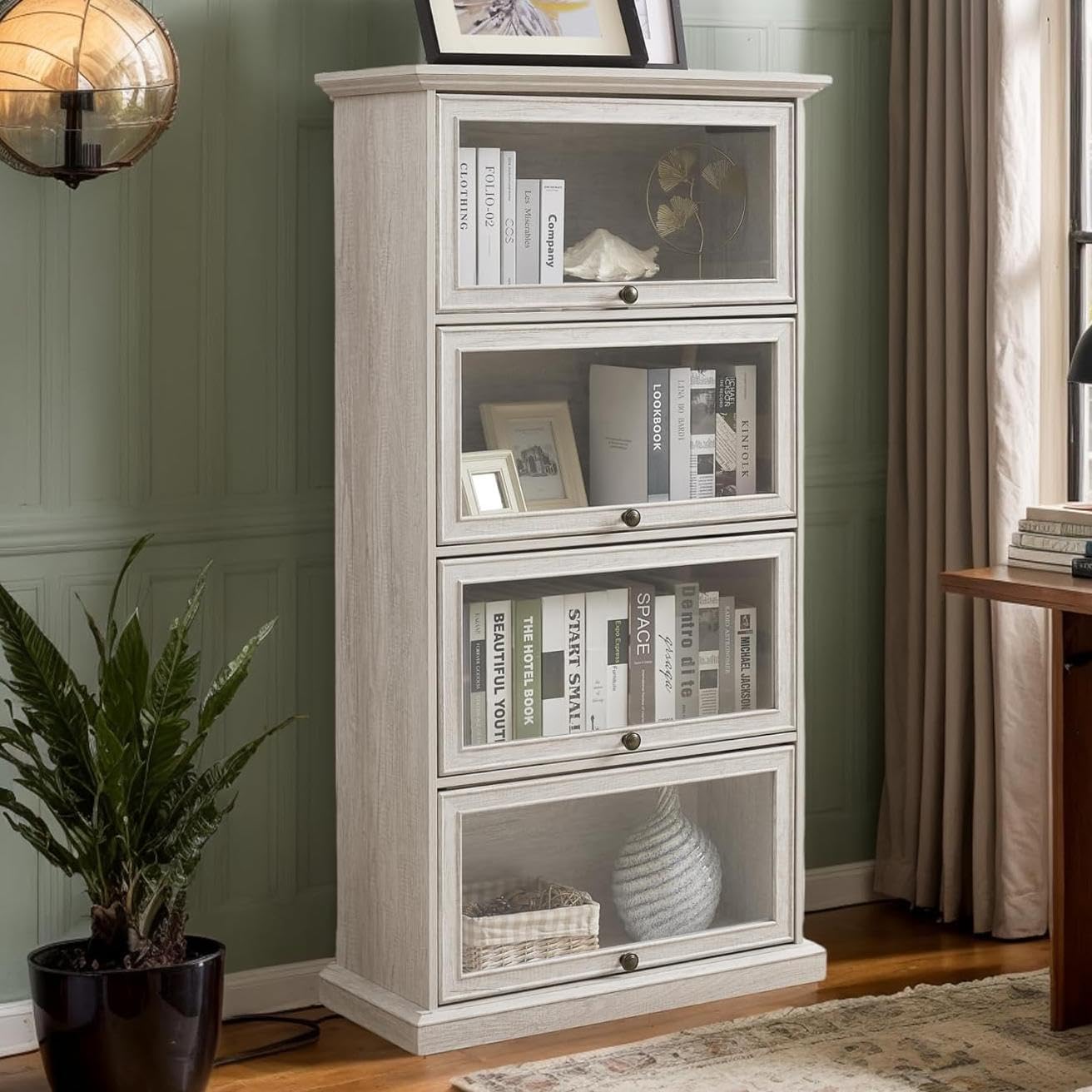 Tall Bookcase with Glass Doors, 63' H Farmhouse Glass Curio Display Cabinet with Flip up Doors, Elegant Storage Cabinet with 4-Tier Shelves, Rack for Living Room (White)