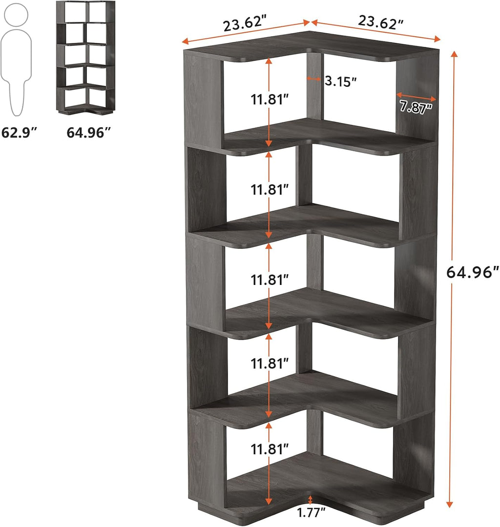 Tribesigns 6-Tier Corner Bookshelf, 64.9 Inches Tall Corner Bookcase with Anti-Drop Panel, Modern Freestanding Shelf Display Rack Storage Organizer for Home Office, Living Room, Grey