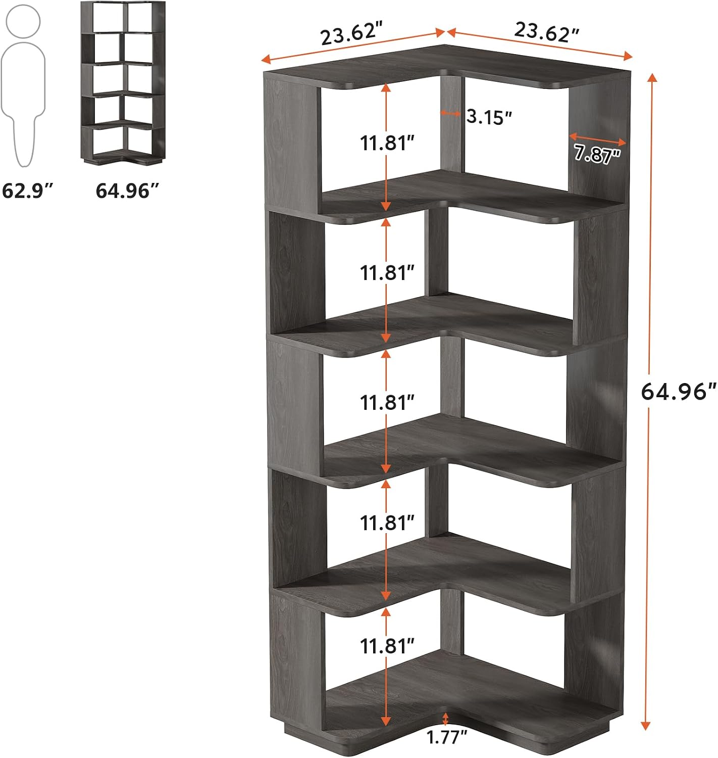 Tribesigns 6-Tier Corner Bookshelf, 64.9 Inches Tall Corner Bookcase with Anti-Drop Panel, Modern Freestanding Shelf Display Rack Storage Organizer for Home Office, Living Room, Grey