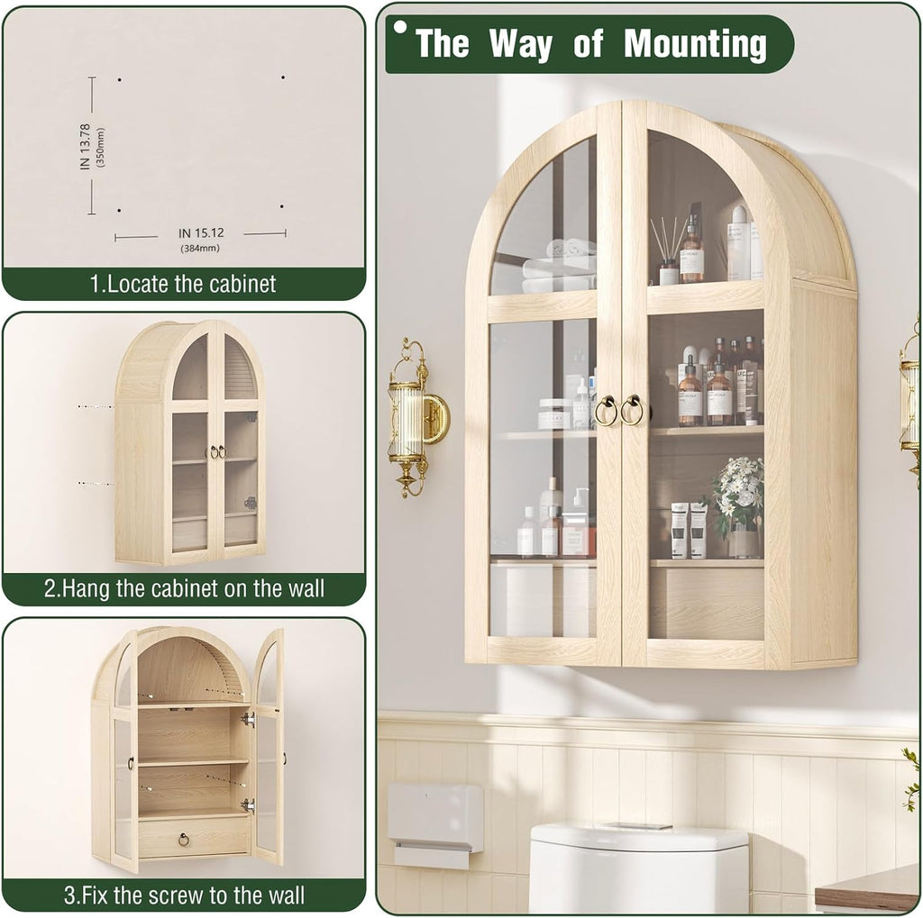 Medicine Cabinet with Tempered Glass Door, Arched Bathroom Wall Cabinet with Adjustable Shelf, for Kitchen, Living Room, Entryway, Laundry Room, Apartment, Office, Small Space, Oak