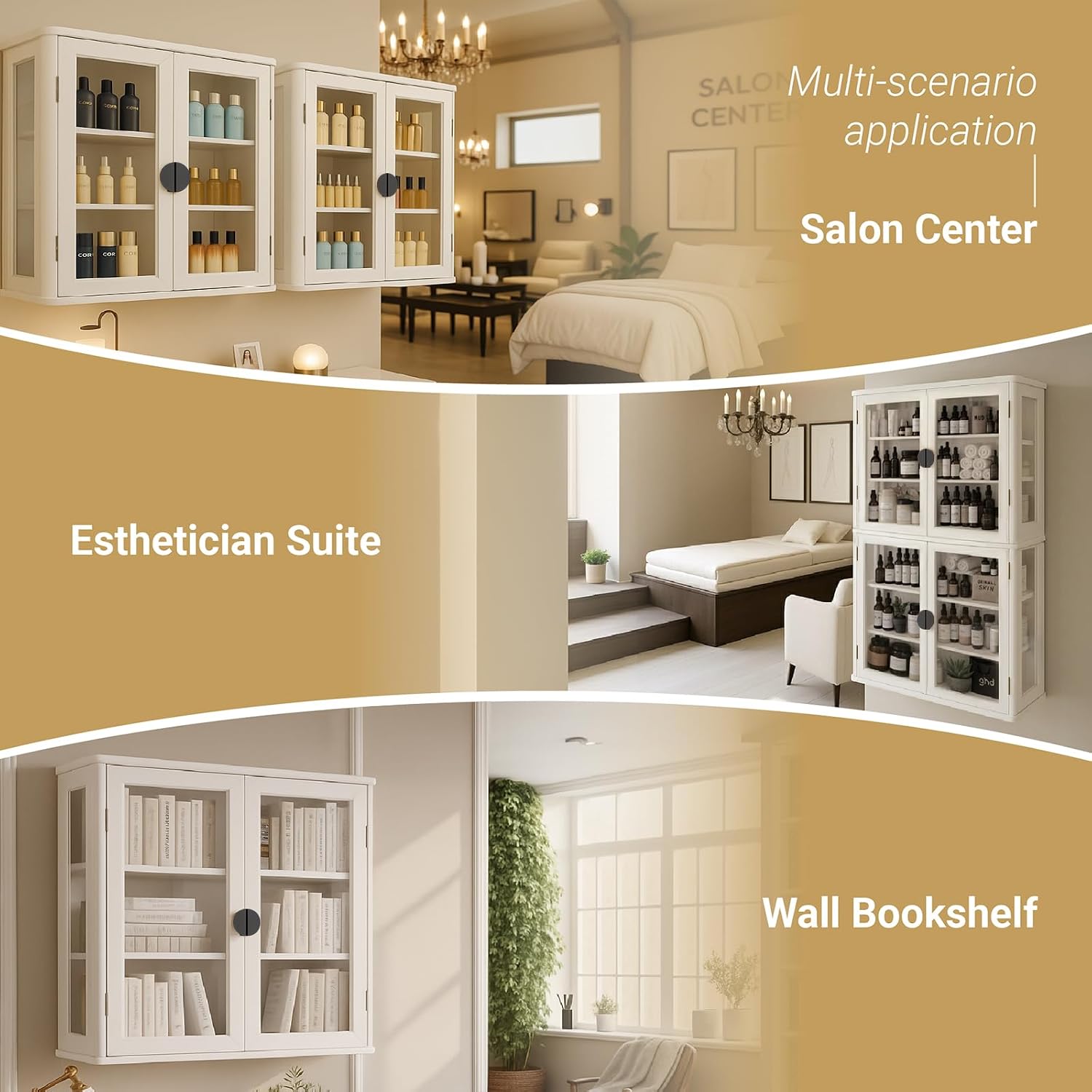 FIMELLO 56''W Wall Cabinet with Tempered Glass Doors, Bathroom Cabinet Wall Mount, Kitchen Wall Cabinet, Floating Cabinet for Bathroom, Wall Mount Salon Station for Barber, Beauty, White