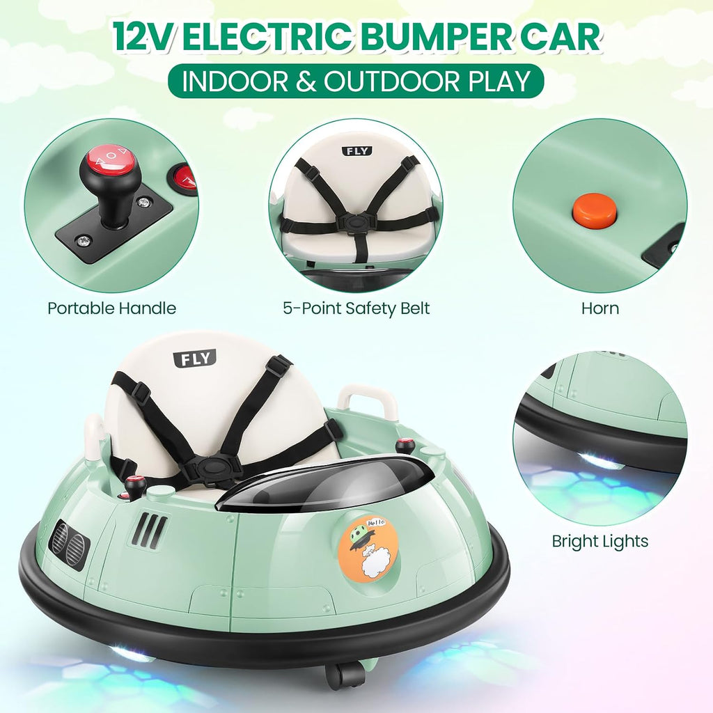 Hikole Baby Bumper Car with Remote Control, 12V Battery Powered Ride on Bumper Car for Toddler with 3 Speed, 360 Degree Spin, LED Lights, Safety Belt, Dual Joysticks, Green