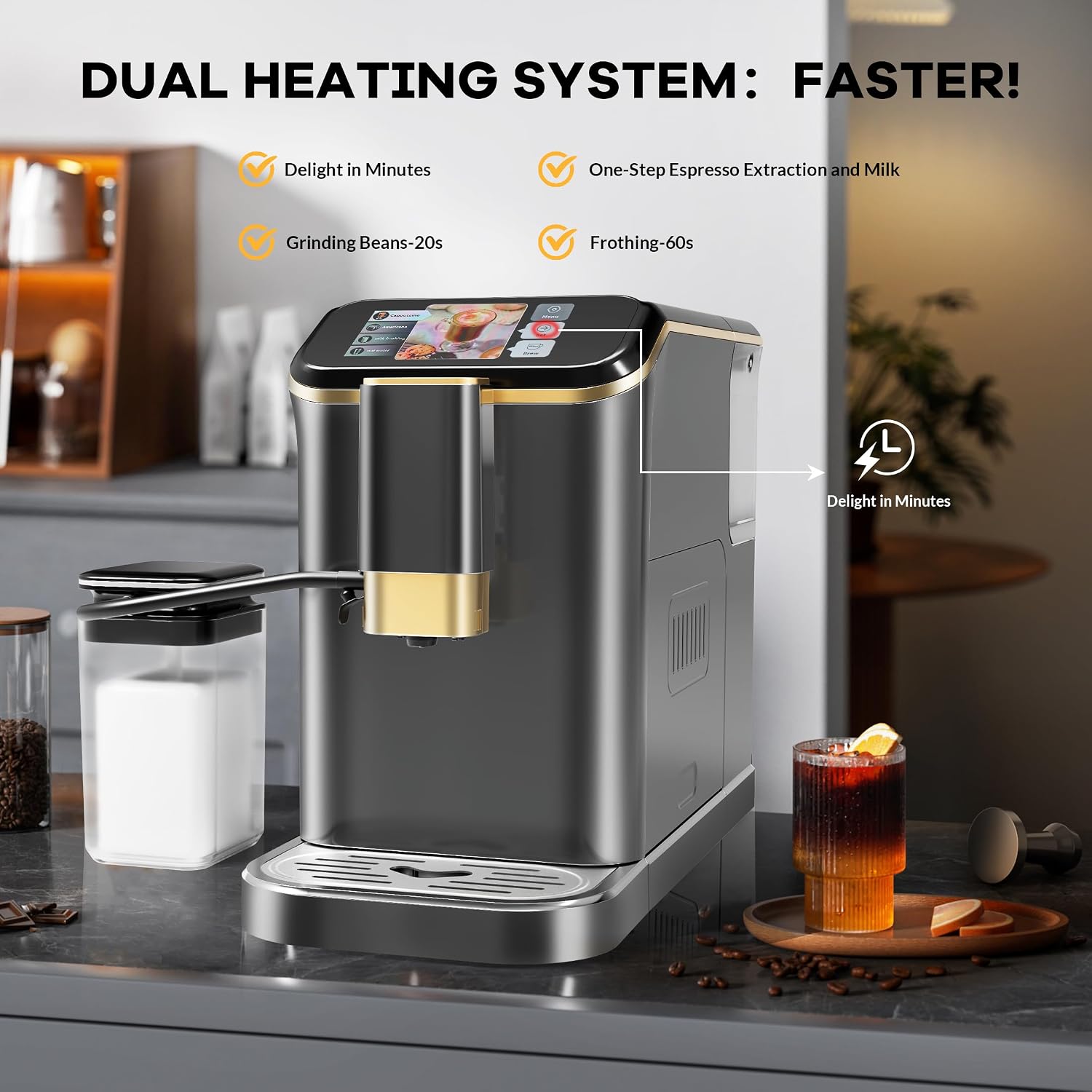 Super Automatic Espresso Machine 20 Bar With Milk Frother, Fully Automatic Bean to Cup Espresso Cappuccino and Latte Iced Coffee Maker Built-In Burr Grinder, Milk Container, Intuitive Touch Display