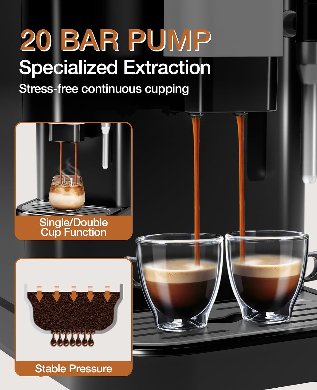 Fully Automatic Coffee Machine, 20 Bar Professional Espresso Machine with Grinder & Milk Frother, 1-15 Adjustable Grind Size Levels, 1.5L Water Tank, Cappuccino & Latte Machine for Home