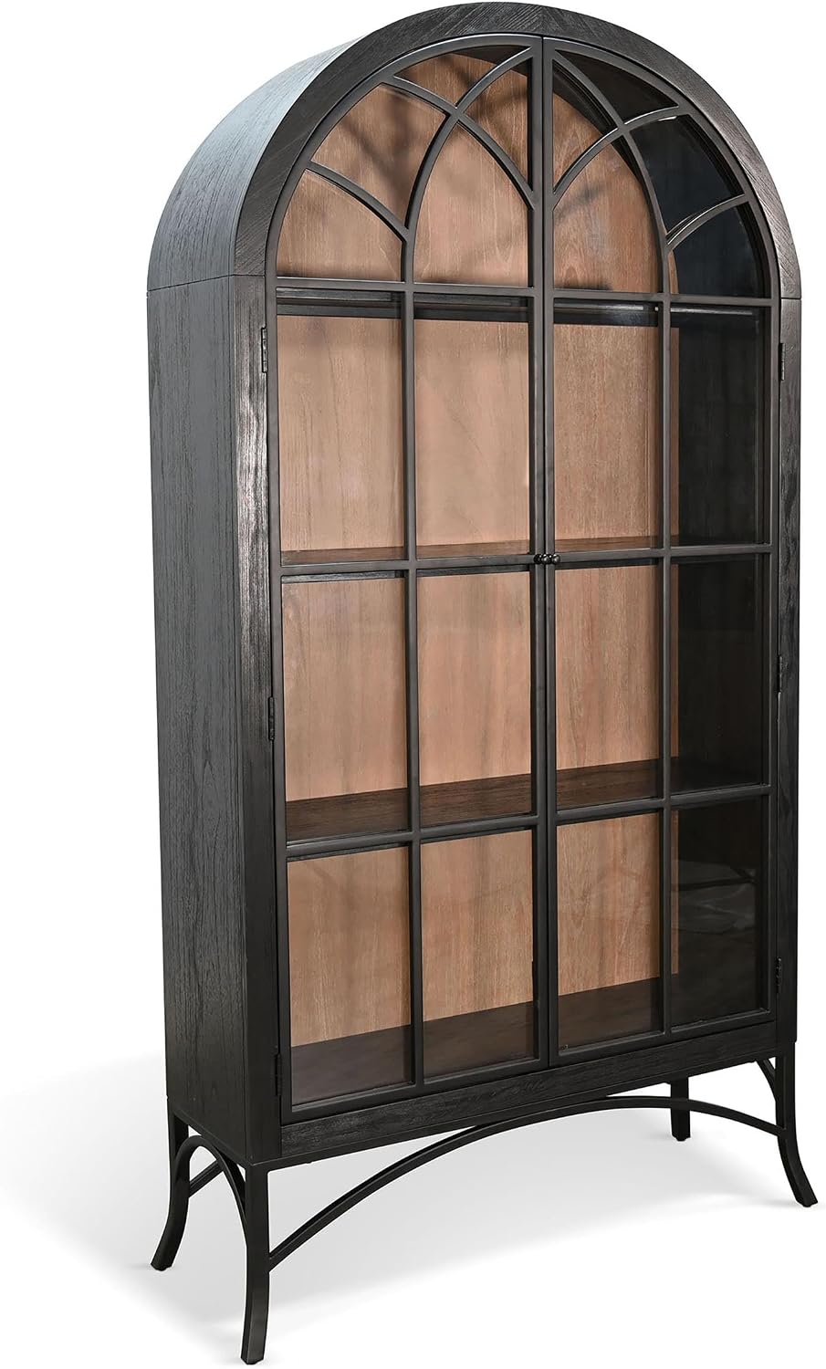 Sunny Designs Ella Arched Metal & Wood Display Cabinet with Glass Doors – Powder-Coated Steel Frame, Magnetic Latches, Adjustable Shelves, Windowpane Design, Living Room Storage (Umbra/Oak Grove)