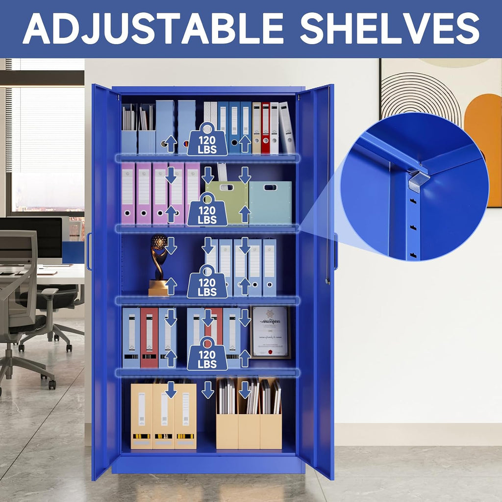 Metal Garage Storage Cabinet, 71' Locking Storage Cabinet with 2 Doors and 4 Adjustable Shelves, Lockable Metal Cabinet for Home,Garage,Gym,School（Blue）