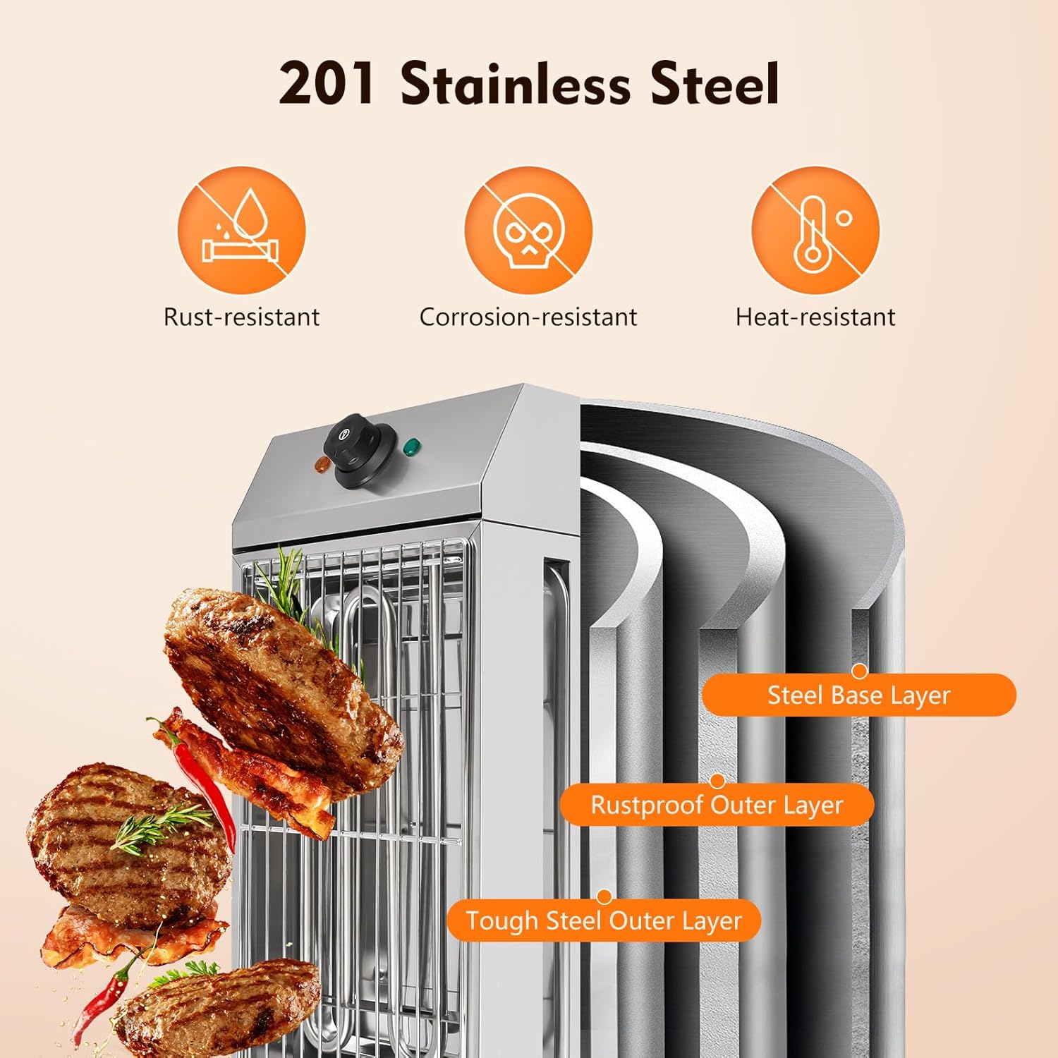 Electric Grill, 1800W Smokeless Indoor Countertop Grill with Adjustable Temperature and Removable Grill Rack, Stainless Steel for Family Gatherings and Camping