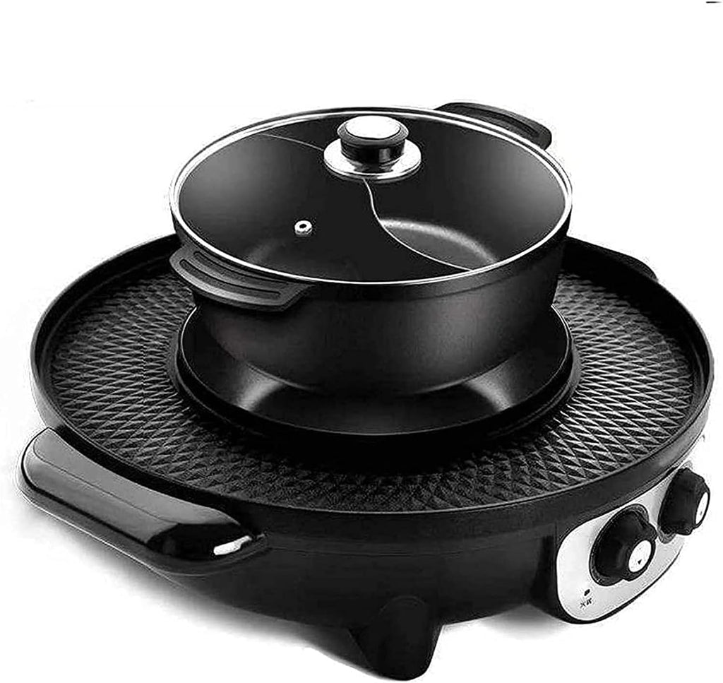 Korean BBQ Grill Smokefree Electric Grill,2200W Large Capacity 2 in 1 Electric Barbecue Grill Indoor Hot Pot with divider, Household Non-Stick Pan with 5 Temperature Adjust (Color : Black)