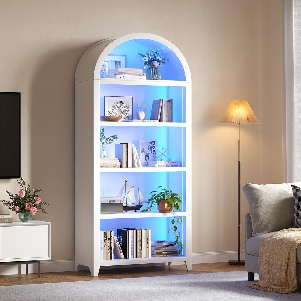 Arched Bookcase - 5 Layers Bookshelf with 3 Colors LED Sensor Lights and Thickened Wooden Design Display Shelf for Lego Books Bathroom Living Room - Ideal Gift (White)